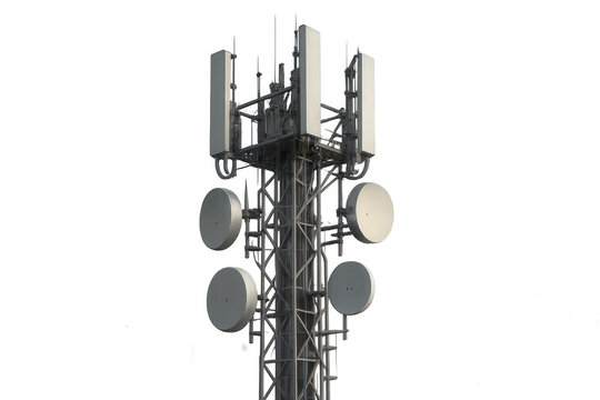 Cell tower transmitting wireless communication signals by 5g antenna network on transparent background