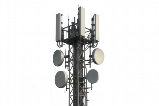 Cell tower transmitting wireless communication signals by 5g antenna network on transparent background