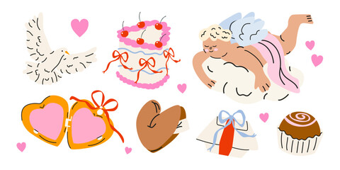 Hand drawn Valentine's Day cartoon sticker set. Collection of Valentine's day scrapbooking design elements. Romantic vector elements, wedding and love concepts. Cupid, flowers, chocolate