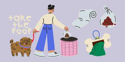 Cartoon girl character walking with her dog. Take the poop. Illustration of rules for walking dogs in park and street. Vector pets bundle