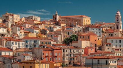 A picturesque view of colorful Mediterranean houses with red-tiled roofs nestled on a hillside under a clear blue sky.