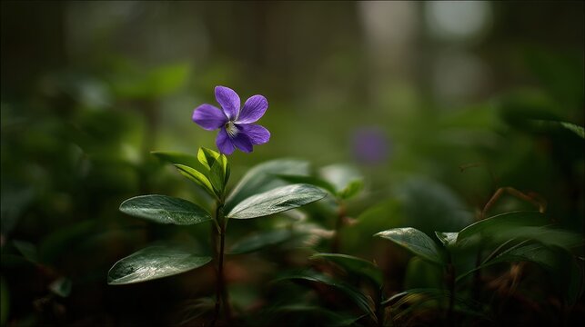 Single Violet Flower Blooming in a Forest with Green Foliage and Water Droplets under Soft Natural Light