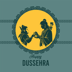 Stylized vector silhouette of Lord Rama and Hanuman exchanging a gift inside a decorative circular frame, symbolizing devotion and friendship for Happy Dussehra.
