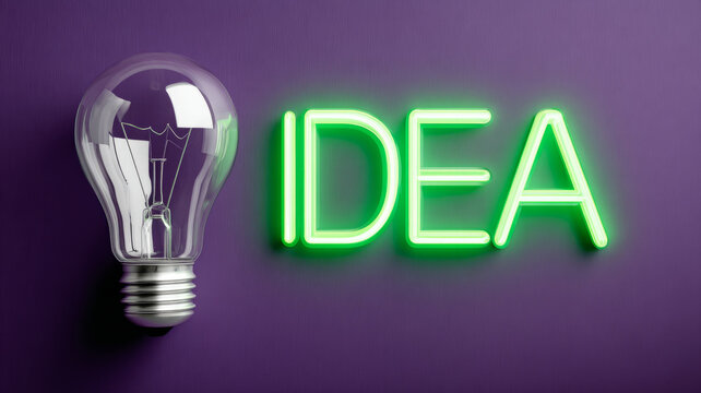 Neon 'idea' sign and light bulb on a purple background. - Powered by Adobe