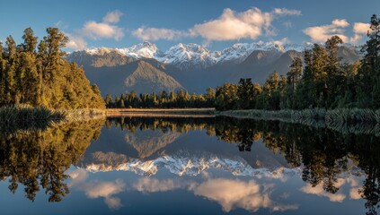 Snow Capped Mountain Range Reflected in Calm Lake with Trees Under Cloudy Sky