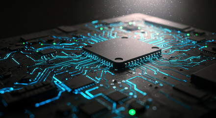 Futuristic microchip on electronic circuit board technology background