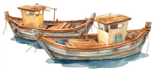 Watercolor illustration of two weathered fishing boats