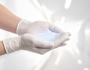 Naklejka premium A female nurse's hands, in sterile gloves. Her hands cupping a shimmering, ethereal blue light. The background is blurred, minimalist white, with subtle light refractions.