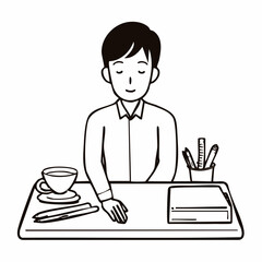 Calm Man Sitting at Desk with Closed Eyes Black and White.
