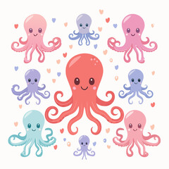 Adorable Cartoon Octopuses in Various Colors with Smiling Faces and Tentacles.