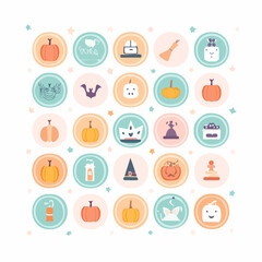 Collection of HalloweenThemed Icons in Pastel Circular Designs.