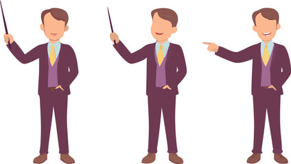 Editable vector illustration of a charismatic presenter in a maroon suit delivering an engaging sales pitch during a dynamic corporate training session in clean flat style.