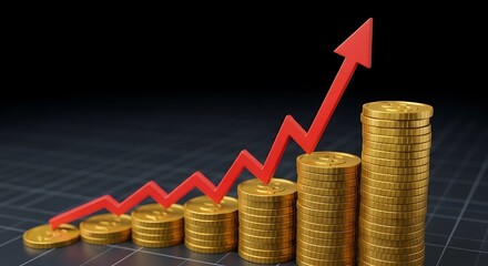 Stacks of gold coins with a rising red arrow graph, illustrating financial growth and investment success