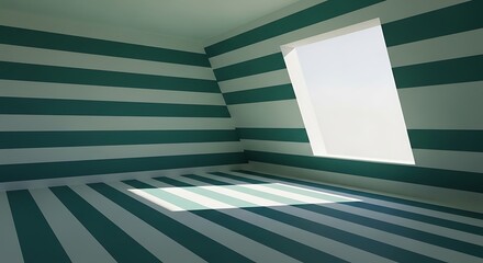 Striped room with a window casting sunlight on the floor, minimalist interior design