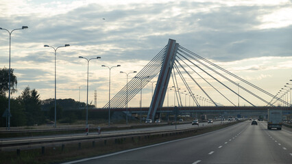 Highway view with modern cable stayed bridge on Wroclaw Krakow route, Poland