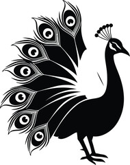 Fototapeta premium Elegant black silhouette of a peacock displaying its magnificent feathered tail artistically silhouette