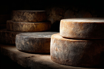 Artisanal aged cheese wheels stacked on wooden shelf  neatly within a rustic stone-walled aging cellar. Generative AI image