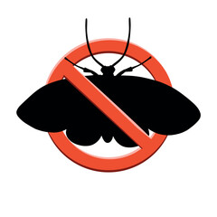 Black silhouette Stop MOTH  insect. Stop insects sign. MOTH insect in red forbidding circle, vector