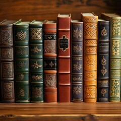 Naklejka premium Ornate leather-bound books on wooden shelf
