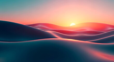 Surreal landscape with rolling hills under a vibrant sunset, warm orange and pink sky, smooth undulating terrain, futuristic or alien planet