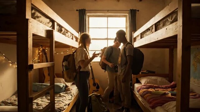 Excited friends arrive at summer camp cabin, ready for adventure and fun with a rustic bunkhouse and cheerful anticipation