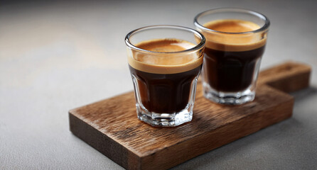 Close-up two glasses of espresso on wooden board with minimalist-chic concrete background. Concept for modern healthy beverages, homebrew drinks and healthy drinks. Generated image
