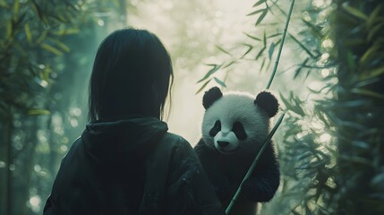 A person and a panda bear in a bamboo forest