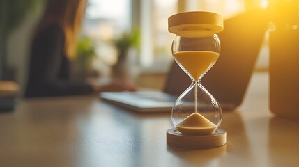 Hourglass on a desk with a person working on a laptop in the background