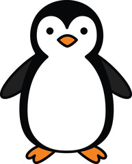 Cute cartoon penguin standing front view isolated on simple drawing silhouette