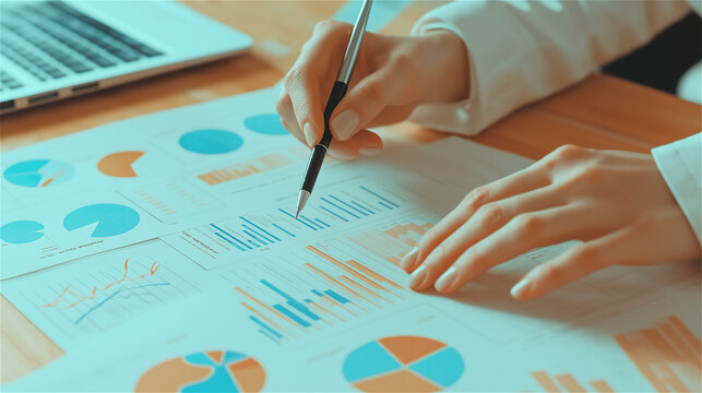 Person drawing on business charts and graphs on blue paper. Close-up of hand with pen analyzing financial data visualizations and colorful statistical diagrams with copy space. - Powered by Adobe