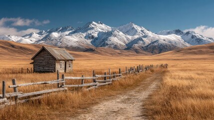 Remote wooden cabin and rustic fence with a dirt path traversing golden fields, leading to majestic snow-capped mountains.
