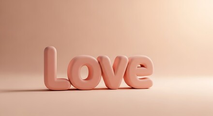 The word love rendered in soft, rounded 3d letters with a pastel pink hue, set against a warm, subtly lit background