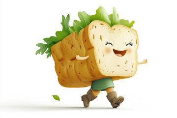 Cute cartoon sandwich character with smiling face and arms and legs. Happy food mascot walking with lettuce garnish on white background creating fun children's illustration with copy space.