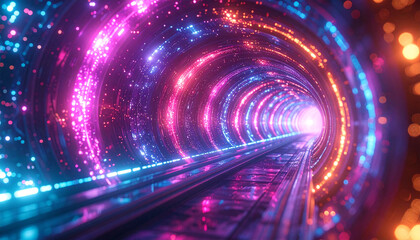 Obraz premium Celestial Tunnel: A vibrant neon tunnel streaks through the cosmos. with sparkling galaxies leading toward the future