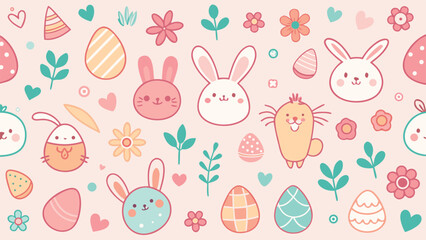 Cute Easter bunny clipart displaying a smiling bunny with vibrant eggs and a spring-themed design..eps