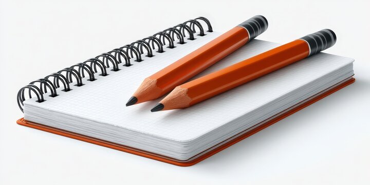 Spiral Notebook with Two Orange Pencils on White Background