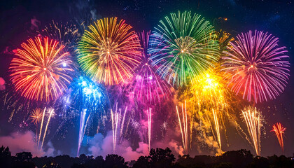 Spectacular display of colorful fireworks exploding in the night sky, illuminating the darkness.