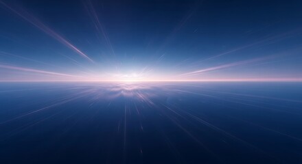 Vast blue horizon with glowing sunrise and light rays, abstract digital landscape