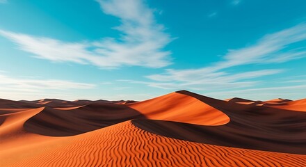 Vast desert landscape with towering sand dunes under a vibrant blue sky with scattered clouds