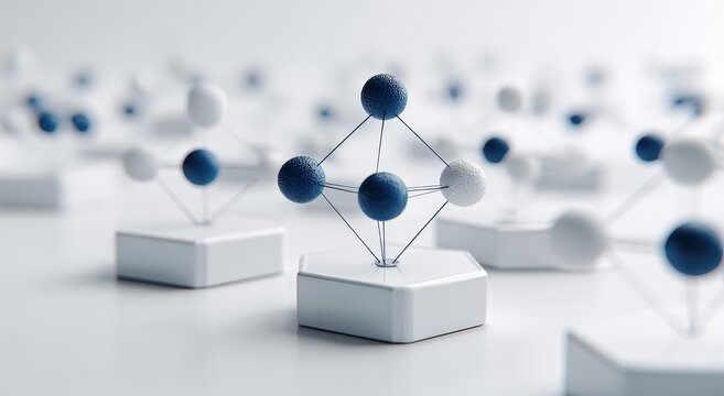 3D Rendered Hexagonal Structures with Blue and White Spheres on White Platforms