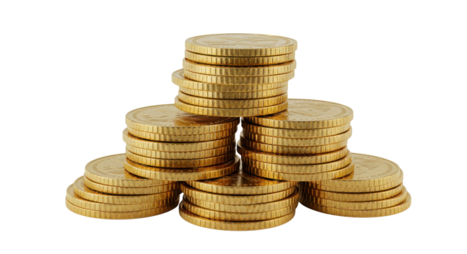 Stacks of golden coins arranged in a pyramid isolated PNG with Transparent Background