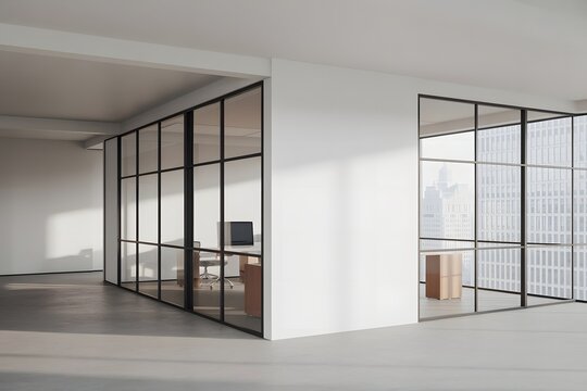Modern interior design featuring sleek black framed glass partitions creating private office spaces within a bright contemporary open plan workspace with concrete floors and minimalist aesthetic - Powered by Adobe