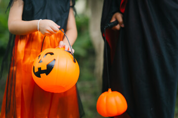 A cheerful young girl dressed in a Halloween witch costume smiles happily outdoors. Wearing a pointed black hat and orange dress, she holds a pumpkin jack-o’-lantern bucket, surrounded by greenery