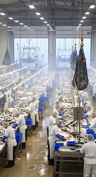 Fish processing plant workers sorting fresh catch.