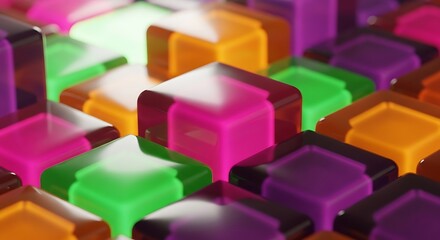 Vibrant translucent cubes in various colors arranged in a grid pattern, creating a colorful and abstract 3d background