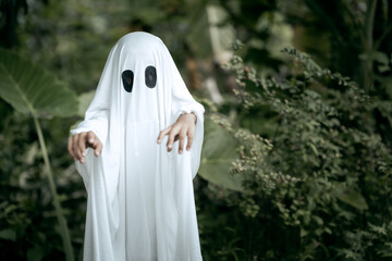 A young boy dressed as a ghost for Halloween wears a white sheet with two black eye holes. He raises both arms in a spooky gesture, surrounded by dark green foliage