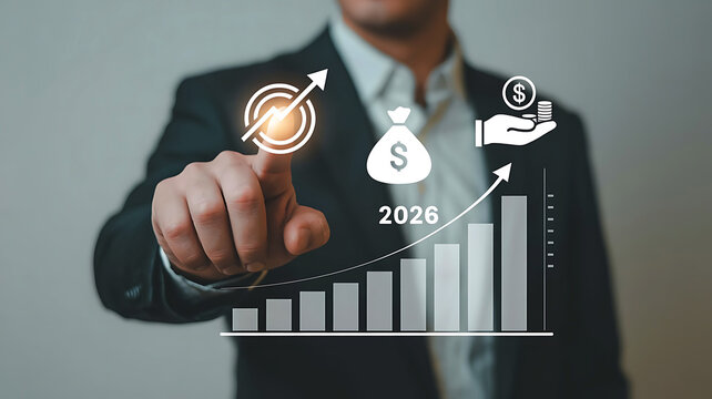 Business strategy and growth to 2026 showing positive financial trend with target and investment focus
