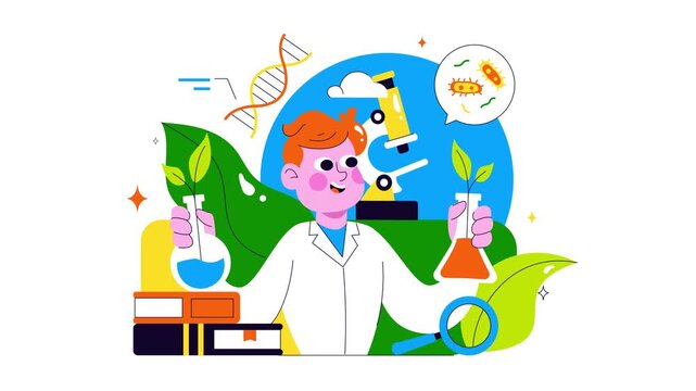 Animation of Biotechnology Innovation Illustration featuring Biology and Technology by Developing Products and Processes with a DNA in a Laboratory