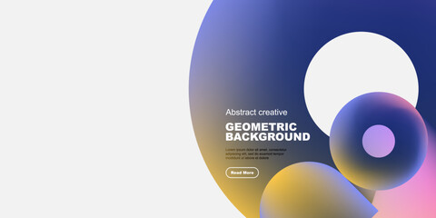 Abstract geometric design features overlapping colorful circles. White space dominates left side, text present on yellow area. Modern, fluid shapes.