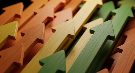 Wooden arrows pointing upwards in various colors and directions, symbolizing growth and progress